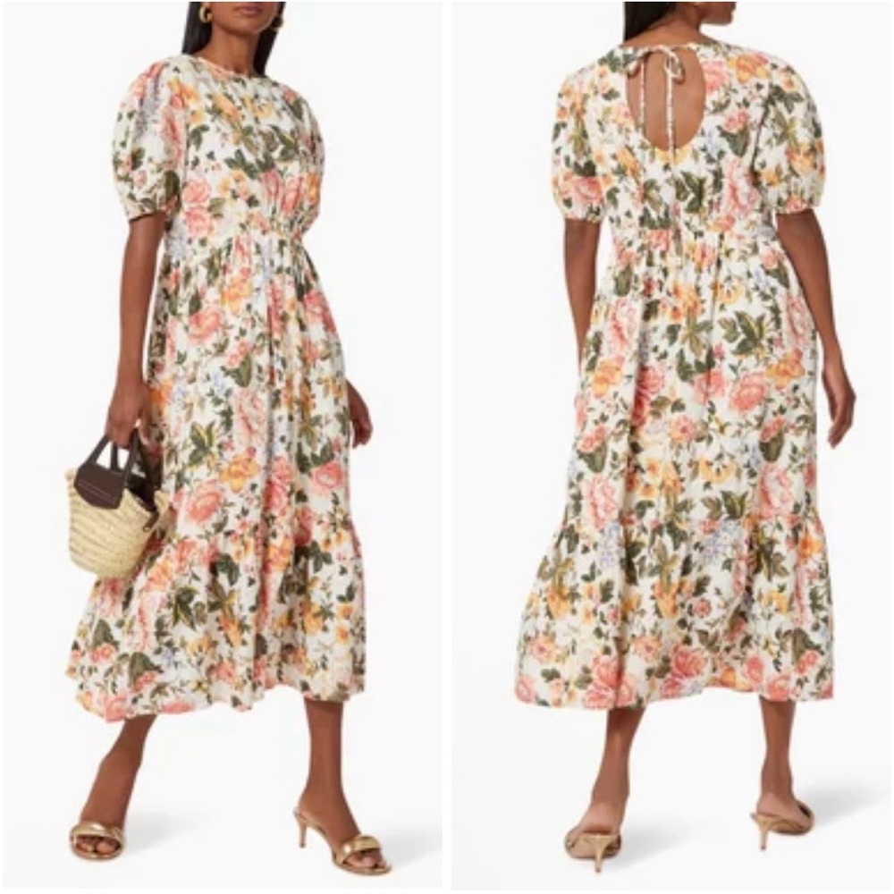 Faithfull the Brand Riso Linen Midi Dress Puff Sleeve Floral Multi Size S - Picture 1 of 12